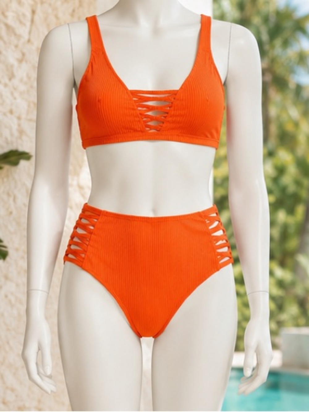 Orange Ribbed Strappy Swim Set